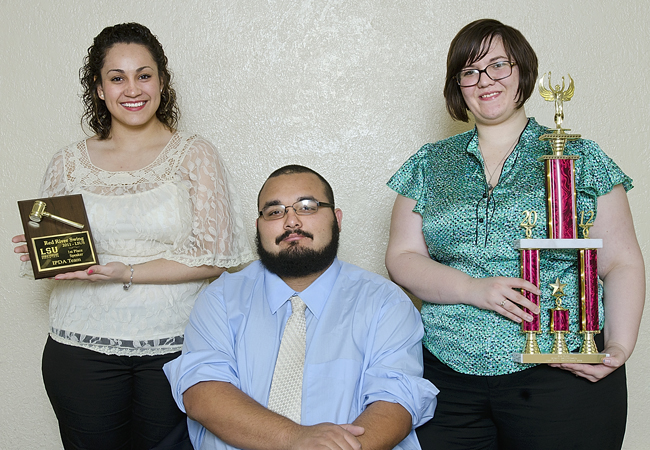 Fabiola Sanchez, Robert Trevino, and Rebekka Frizzell are among SHSU's award-winning debaters.