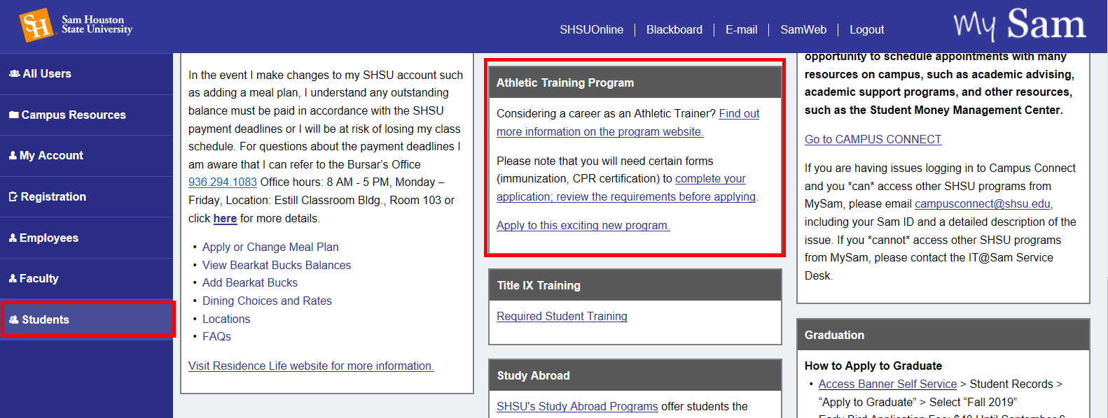 Students tab is highlighted. Athletic Training Program box is highlighted.