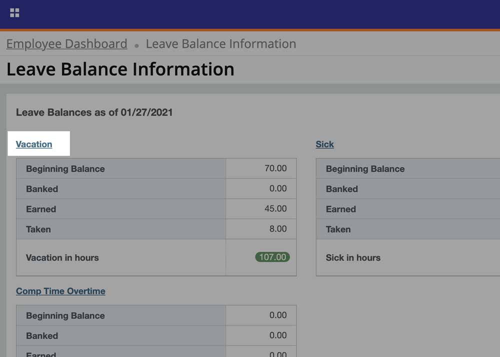 Leave Balance Information Screen. Click the leave type to view more.