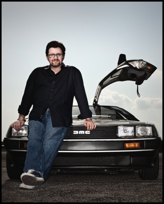 Author Ernest Cline of Ready Player One in a Delorean
