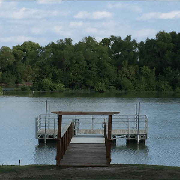 view of the fishing/boating docks from shore