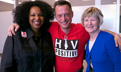 Participants in the Knowledge is Power videos include HIV literacy advocate Rita Wiltz (left) and Scot More, who is living with HIV, shown with Dr. Ruth Massingill during a videotaping session