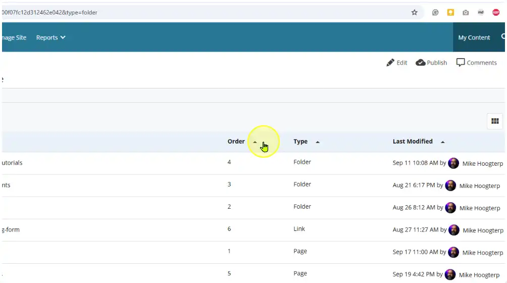 Click the order heading to start reordering the folder assets.