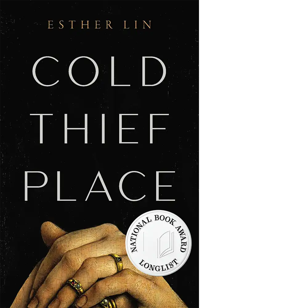 Cold Thief Place book cover showing a black background with a pair of ringed hands crossed over each other at the bottom.