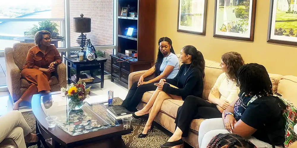 Houston politician, Tiffany Thompson, speaks with law students at SHSU.