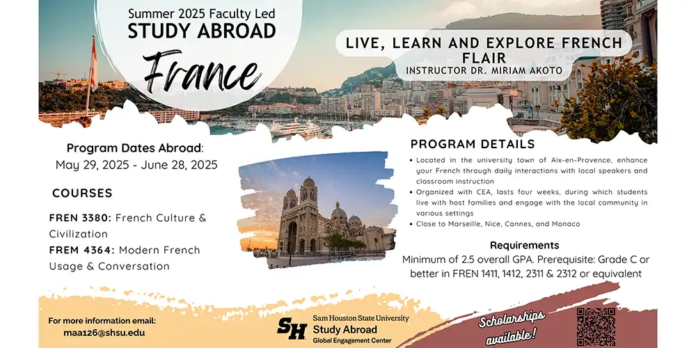Digital flyer advertising for the France study abroad trip.