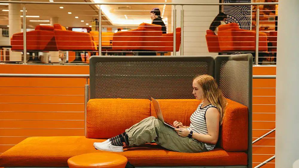 SHSU student studies in the Lowman Student Center.