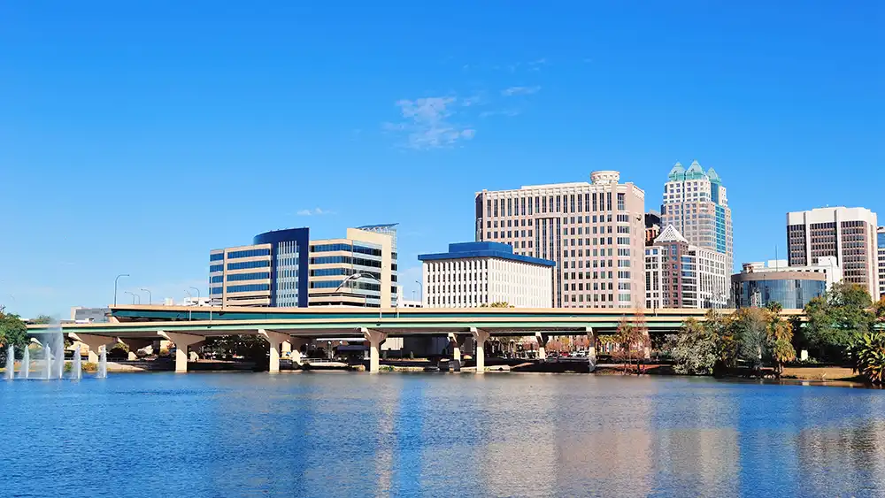 A view of a city in the distance, across a lake.