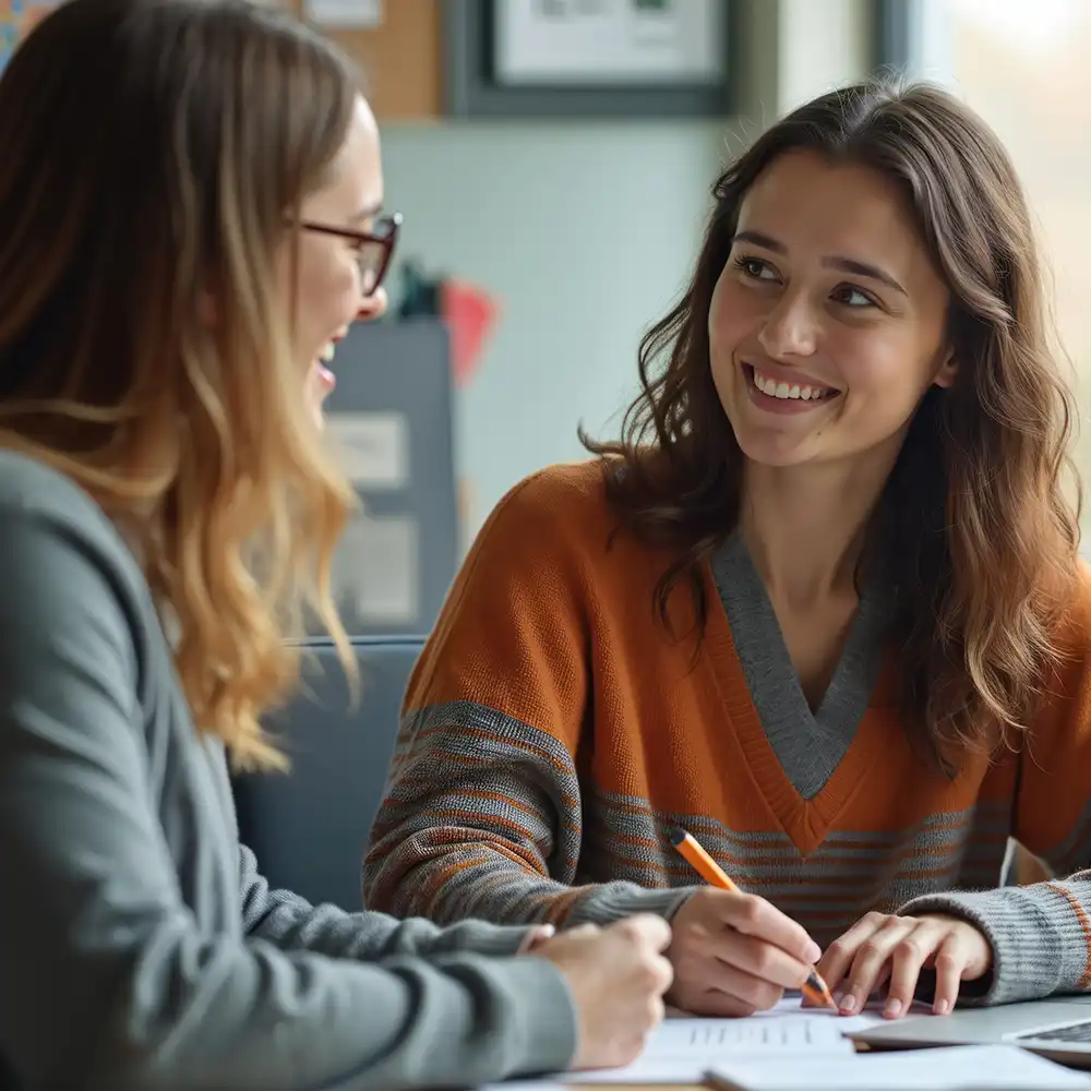 Two women looking at each other, smiling, sitting down, working on an assignment.