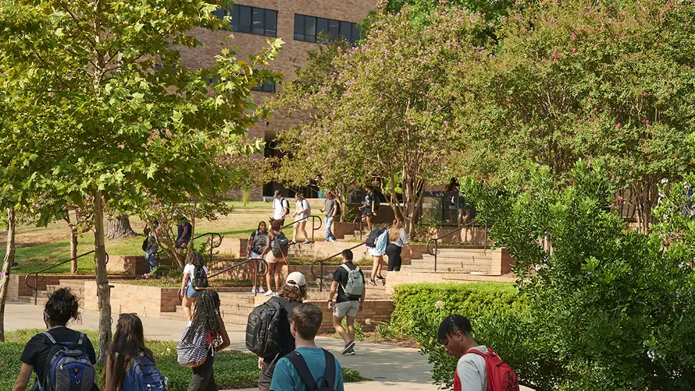 Professor speaking to the camera in a classroom style class, with her hands opened.