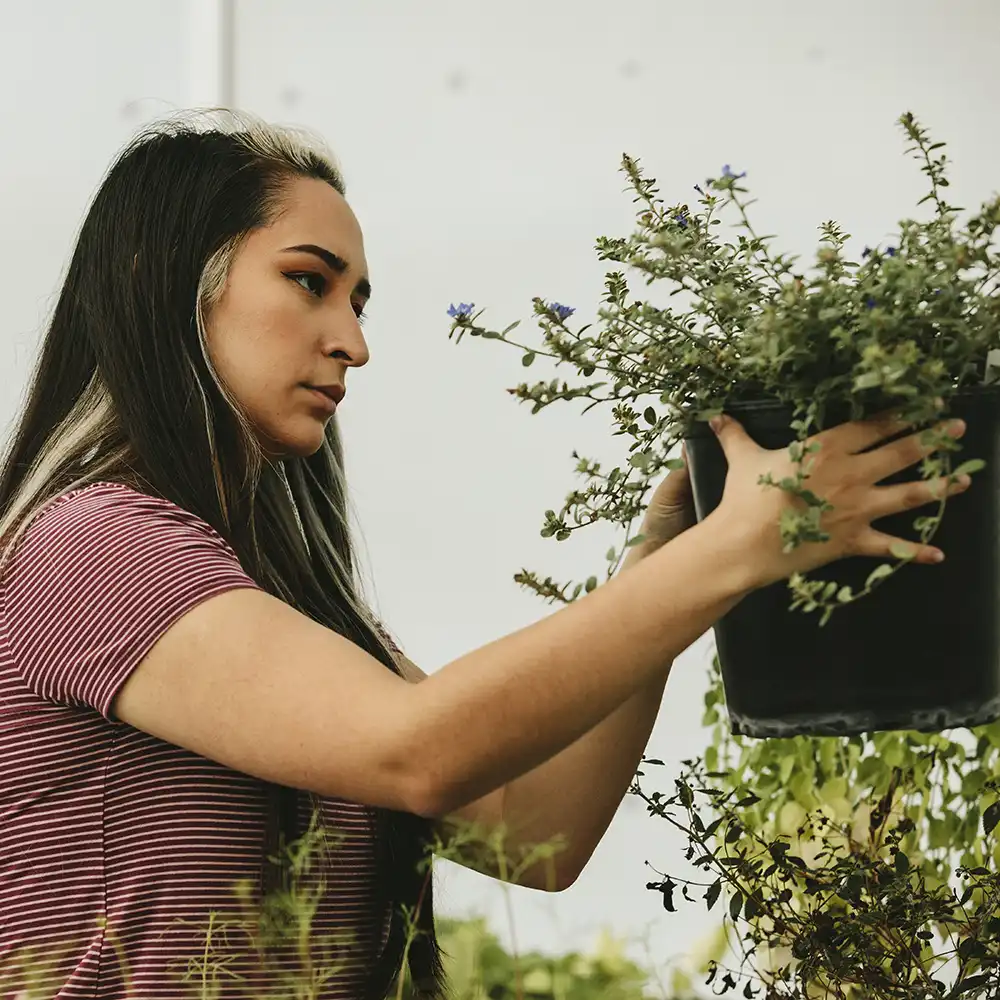 Two women looking at each other, smiling, sitting down, working on an assignment.
