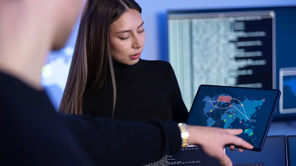 Woman working on global view of computer