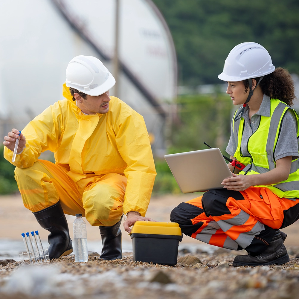 Two people taking soil samples in the field