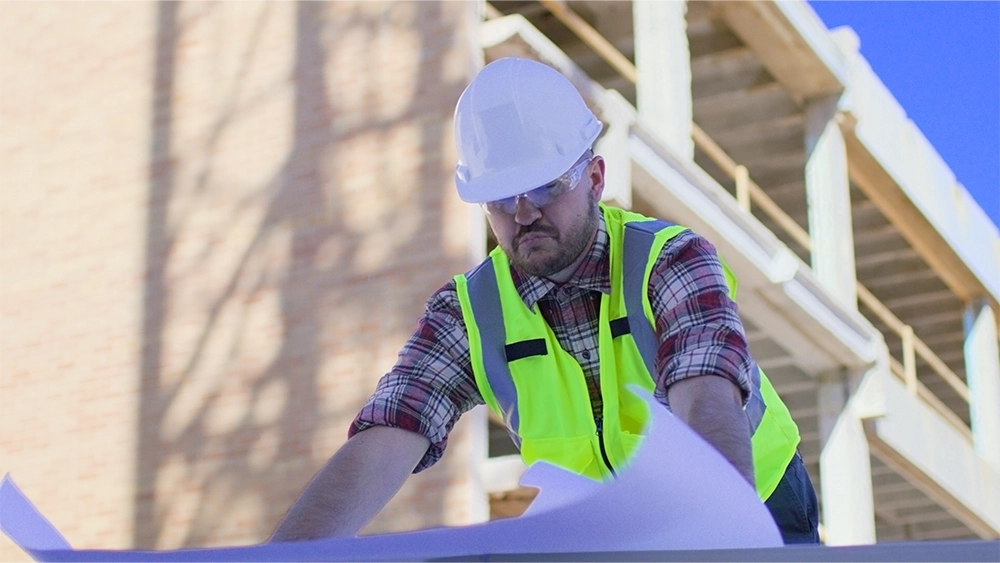 Construction worker examining blueprints on a worksite, wearing a bright green vest and white hard hat.