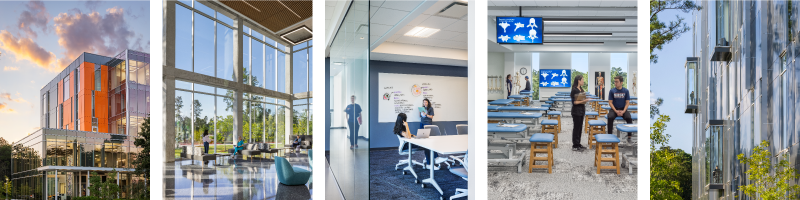 Collage of SHSU-COM builing exterior and interior shots