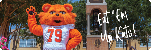 Mascot Sammy Bearkat with the words Eat'Em Up Kats