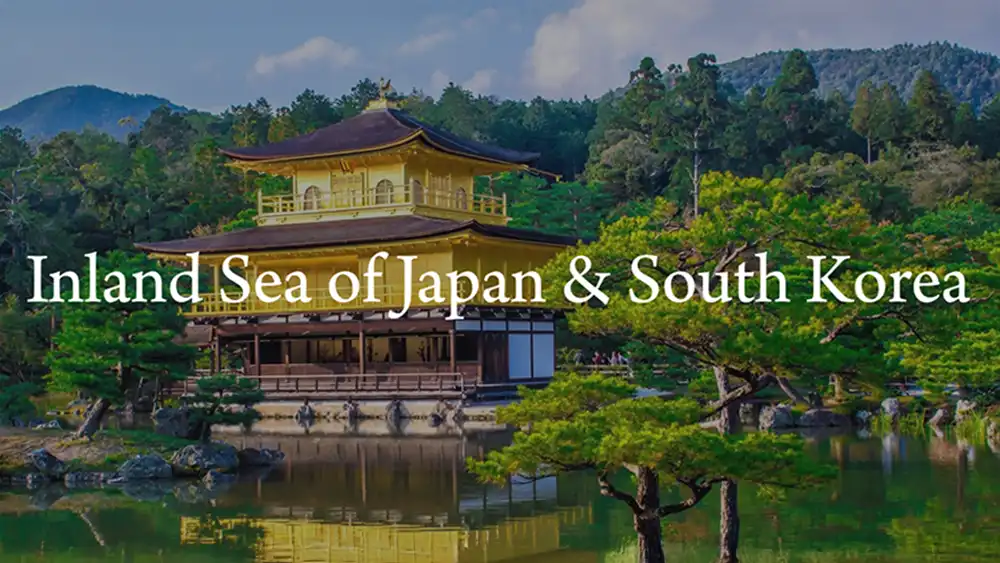 Inland Sea of Japan & South Korea written over the Kinkaku-ji temple, also known as the Golden Pavilion.
