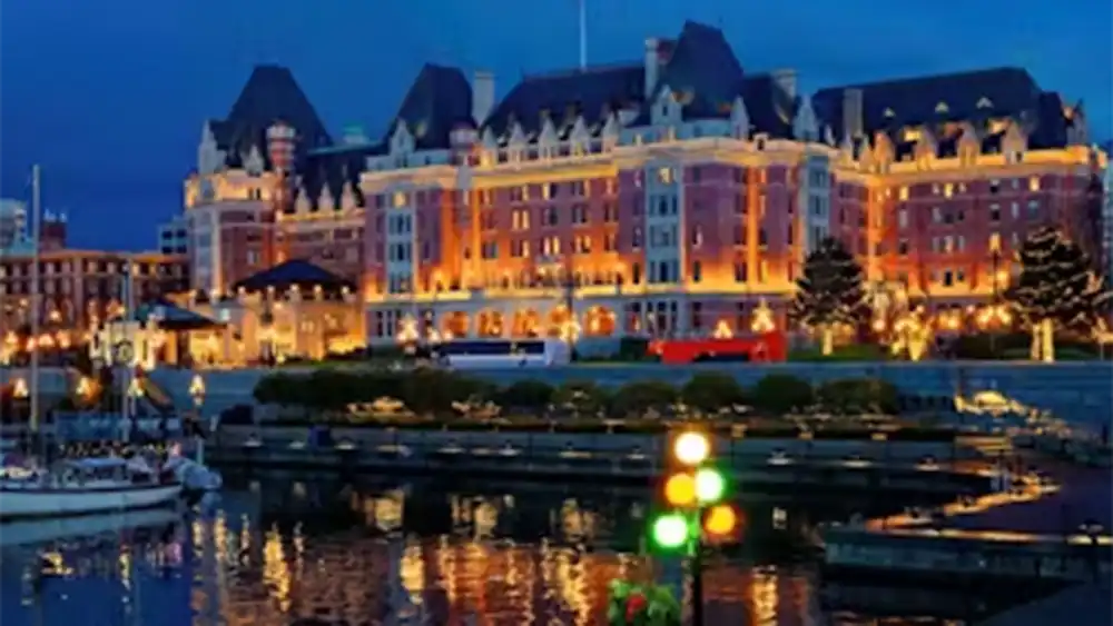 Nighttime view of the Fairmont Empress Hotel and the Inner Harbour
