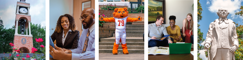 Collage of bell tower, a student and a professor reviewing an assignment, mascot Sammy Bearkat, a group of students collaborating, and the Sam Houston statue on campus.