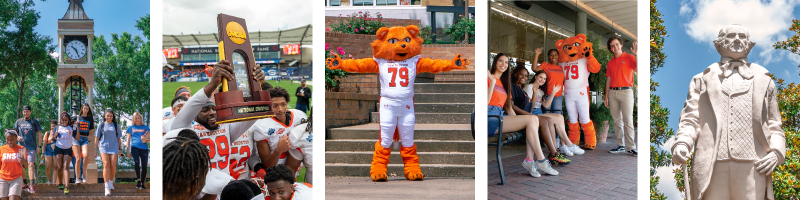 Collage of students on campus, football players holding the national championship trophy, mascot Sammy Bearkat, students in downtown Huntsville, and the Sam Houston statue on campus.