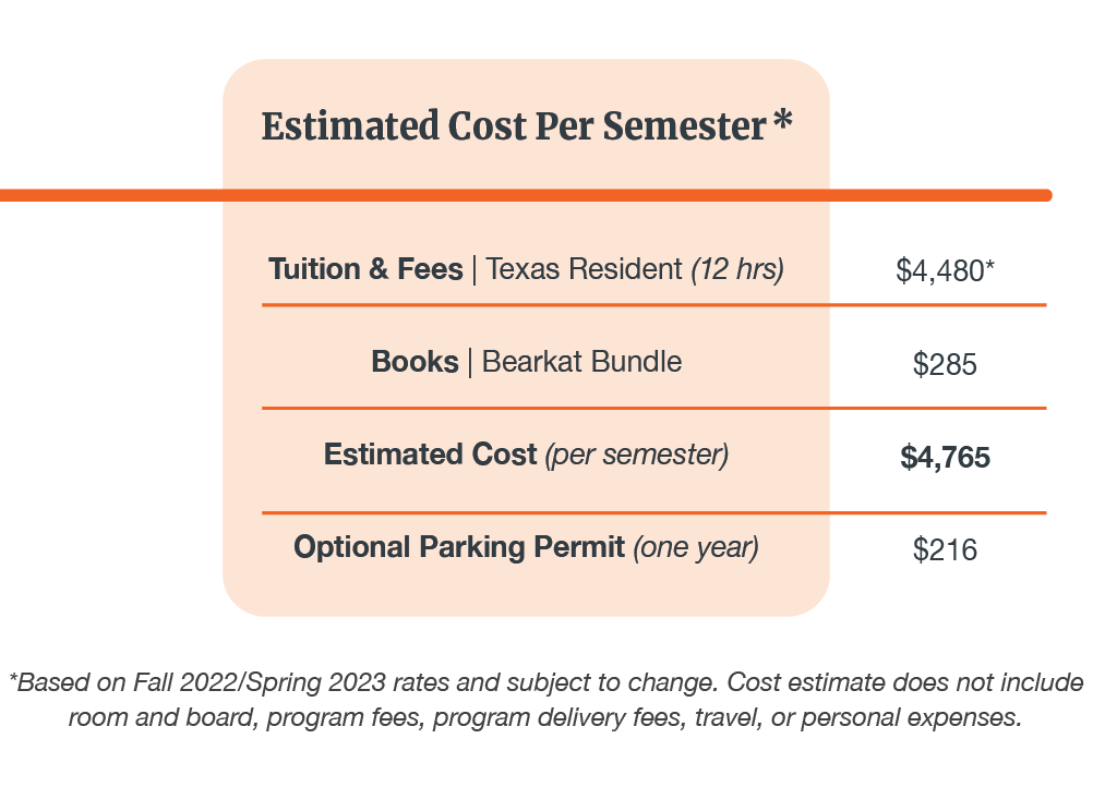 Estimated cost per semester: Tuition & fees: $4480; Books: $285; Total: $4765. Based on Fall 2022/Spring 2023 rates and subject to change.