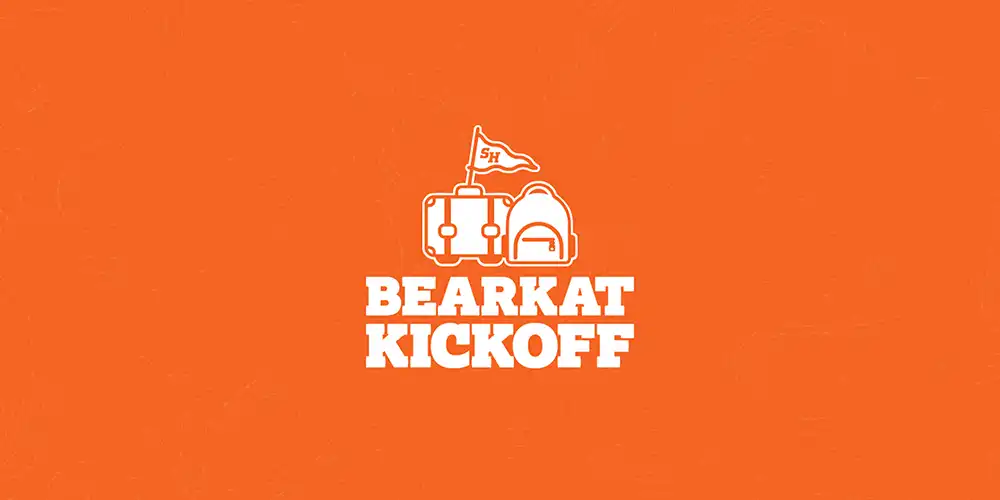 The Bearkat Kickoff logo - which includes the name in stacked text, with a travel bad above it on the left with an "SH" pennant, along with a backpack to its right.