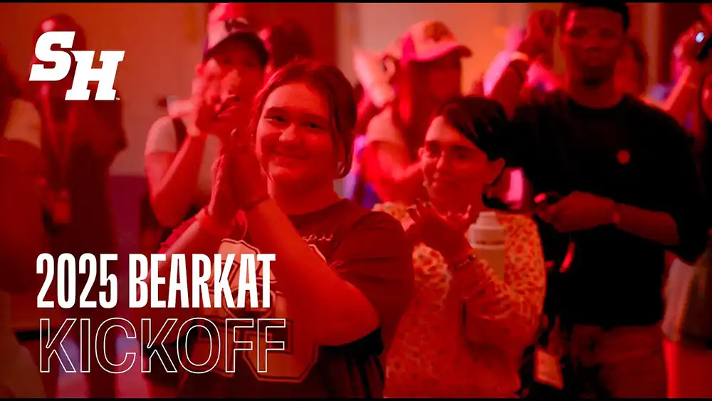 Students appluading at Bearkat Kickoff, tinted red. SH logo at the upper left, "2025 Bearkat Kickoff" at the lower left.