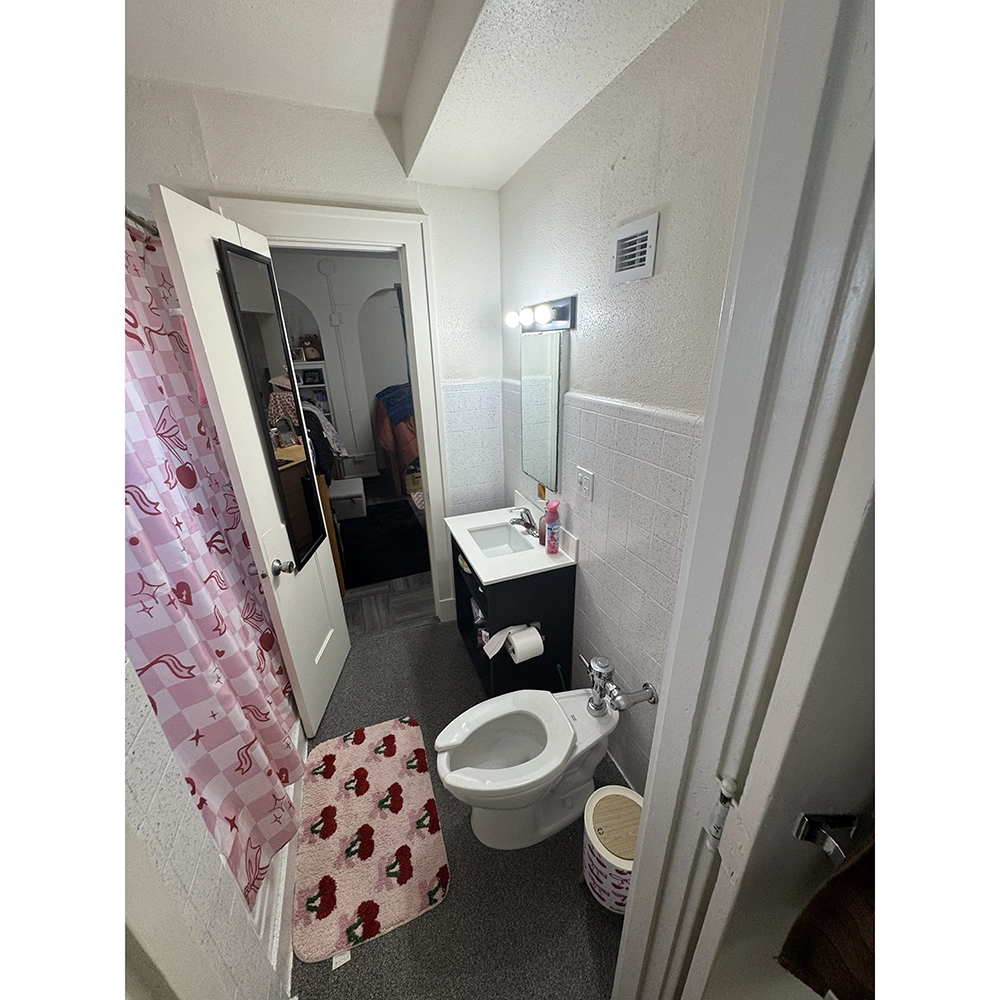 "Bathroom in SHSU’s Belvin-Buchanan Hall with a white toilet, black vanity with a white sink, and an illuminated mirror. A pink patterned shower curtain is partially open, and a pink bath mat with red and green designs is on the floor. A small trash can sits beside the toilet, and the open door reveals a glimpse into an adjoining room.