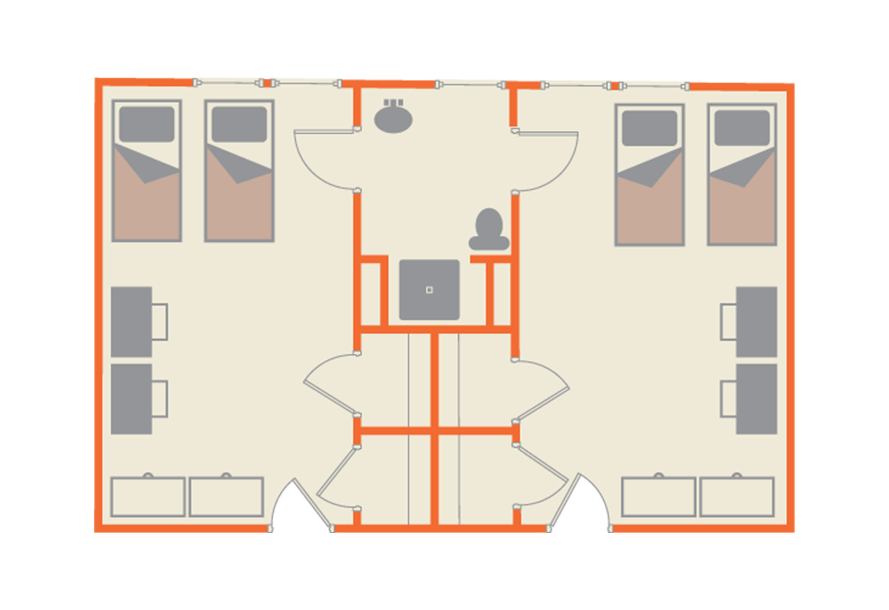 Floor plan layout of a Belvin-Buchanan Hall suite at SHSU, showing two double-occupancy bedrooms, each with two beds, two desks, and storage. The rooms are connected by a shared bathroom with a toilet, sink, and shower. Entrances are at the bottom of the image.