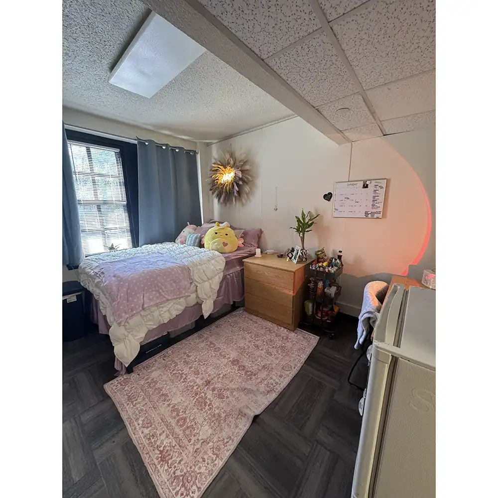 Bedroom in SHSU’s Jackson-Shaver Hall with a single bed featuring pink bedding, plush pillows, and a large yellow stuffed animal. A wooden nightstand with plants sits beside the bed, and a small desk with shelves and a whiteboard calendar is nearby. The room has dark tile flooring, pink rugs, gray curtains, and red accent lighting.