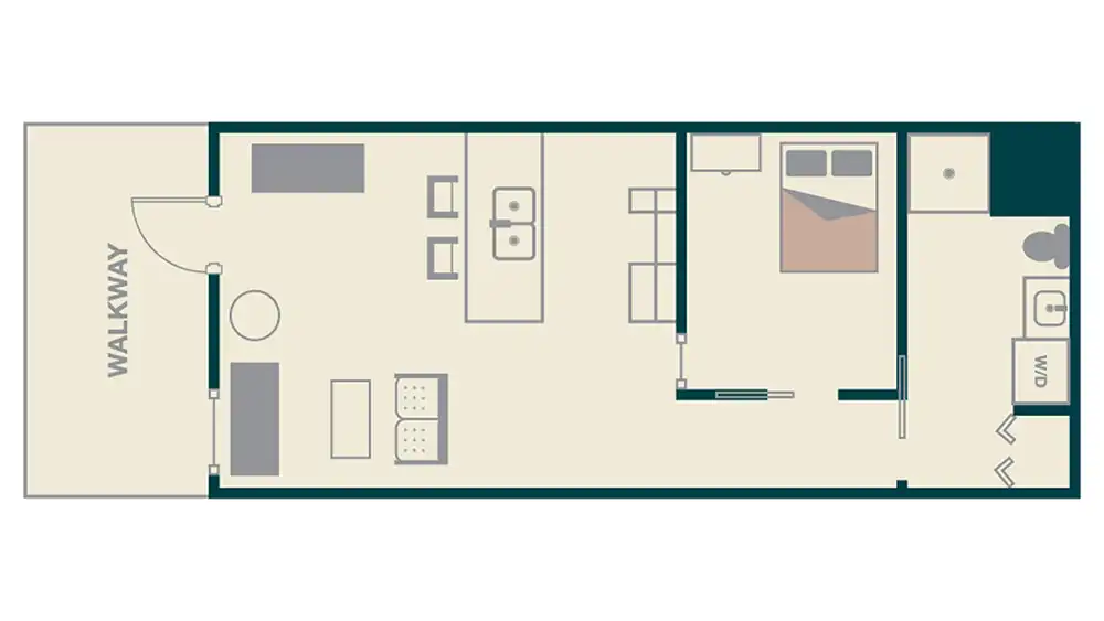 Floor plan of a studio apartment in San Jacinto Hall at Sam Houston State University. The entrance opens into a walkway leading to a living area on the left, furnished with a couch, coffee table, and a round ottoman. An adjacent open kitchen includes a sink, stove, and refrigerator along one wall. Opposite that is the kitchen bar with two bar stools. The bar hosts a kitchen sink and a countertop microwave. Further inside is an open space. On the right side is a bedroom area with a full-size bed and dresser. A bathroom with a toilet and shower is located next to the bedroom. An in-unit stackable washer and dryer are positioned in the bathroom as well.