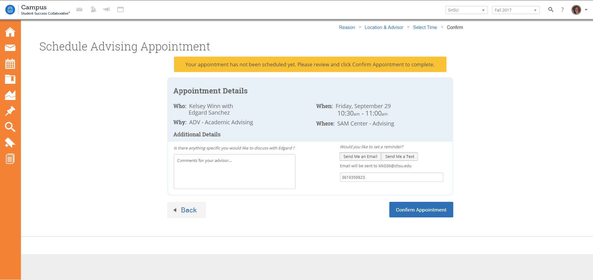 Appointment confirmation screenshot