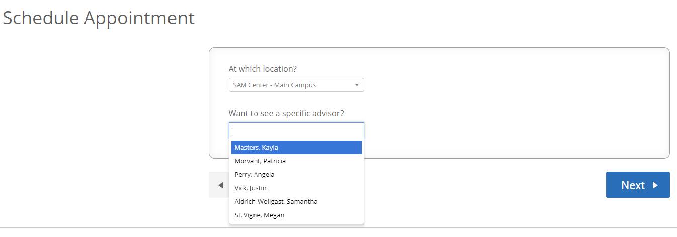 Advisor choice dropdown menu