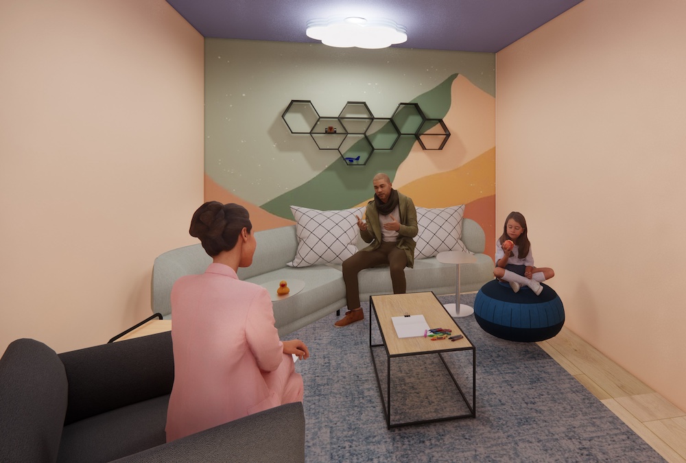 A rendering of a therapy room designed by Maldonado reveals how she selected furniture and other design elements that would appeal to clients' unique needs. 