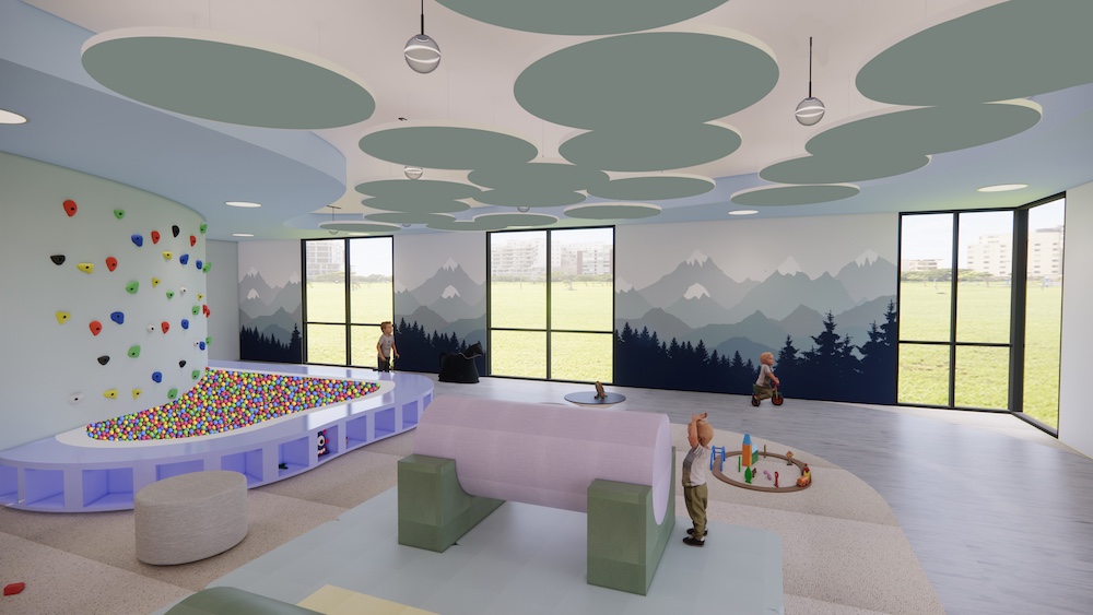 A rendering of one of the gyms Malonado designed features a climbing wall, ball pit and walls painted in muted colors.