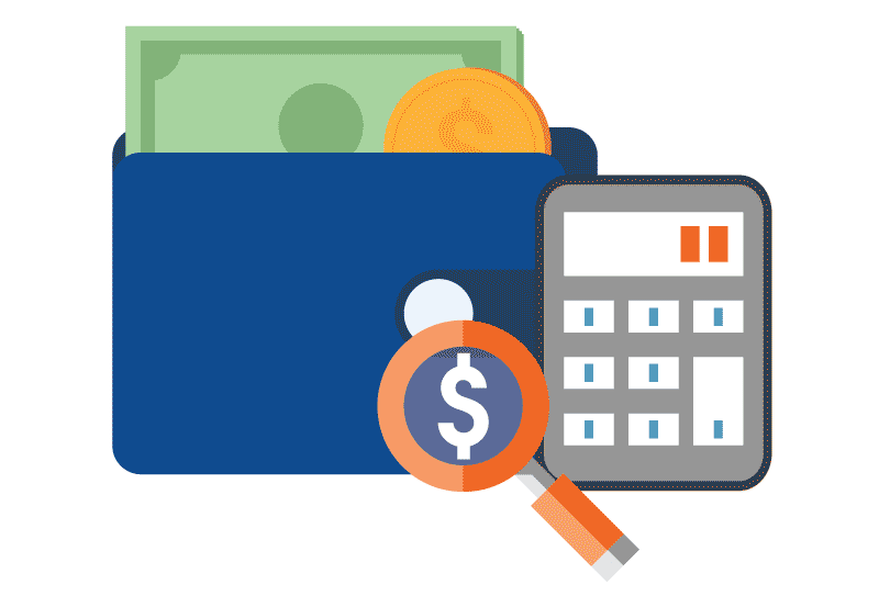 vector graphic of a blue wallet with money peaking up accompanied by a calculator and magnifying glass