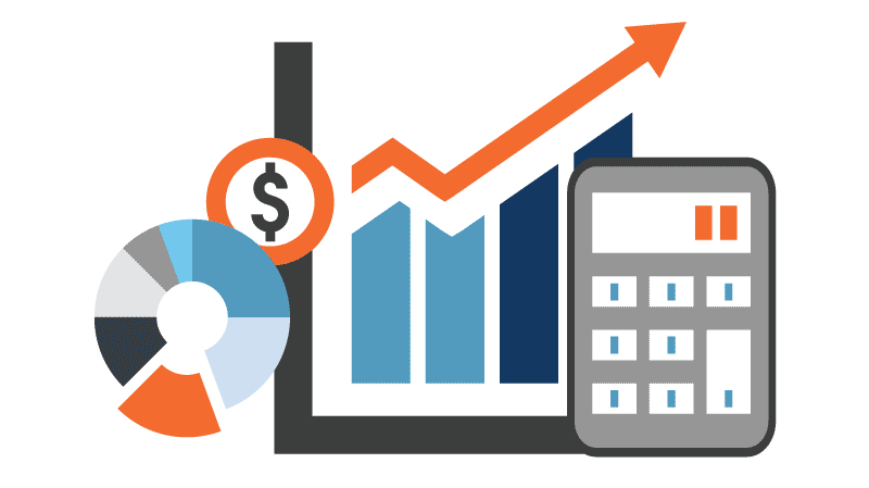 vector graphic of a blue wallet with money peaking up accompanied by a calculator and magnifying glass