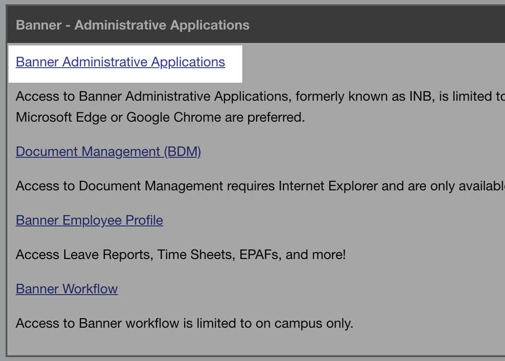 MySam employees webpage with Banner Administrative Application link highlighted