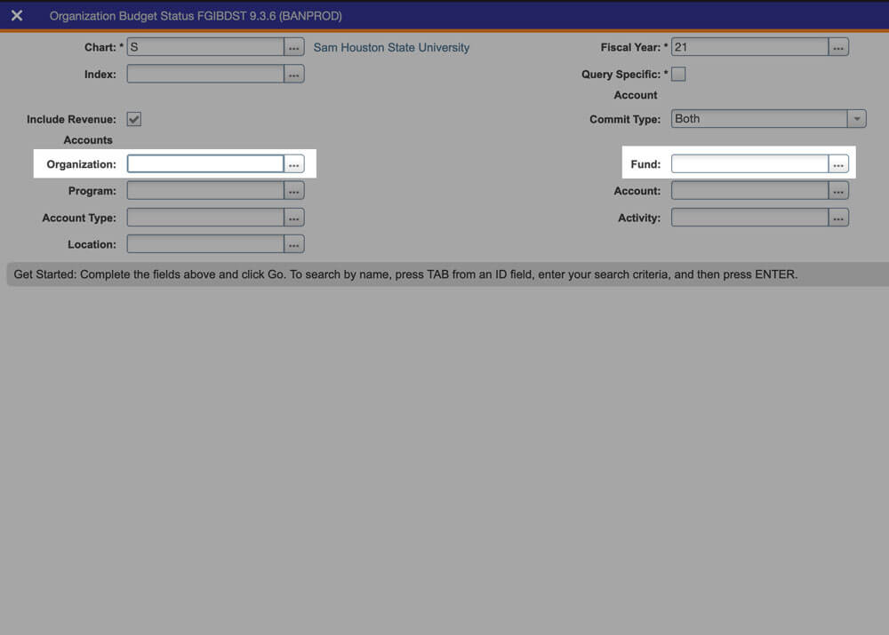 complete organization field located in the first column and fund located in the second column