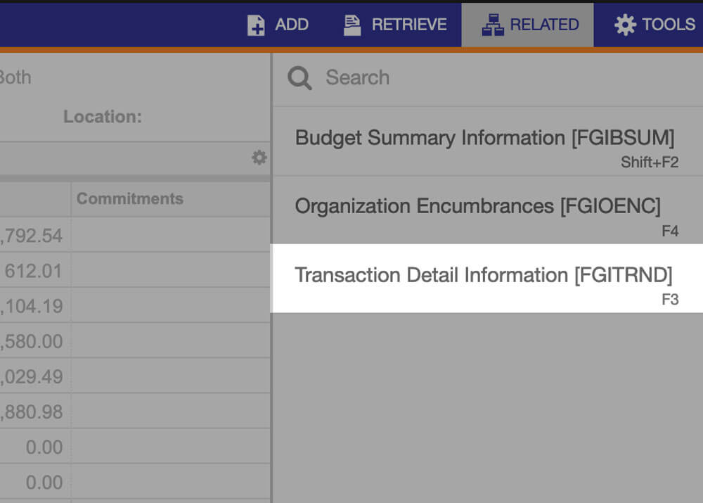 transaction detail information is located in right popout navigation