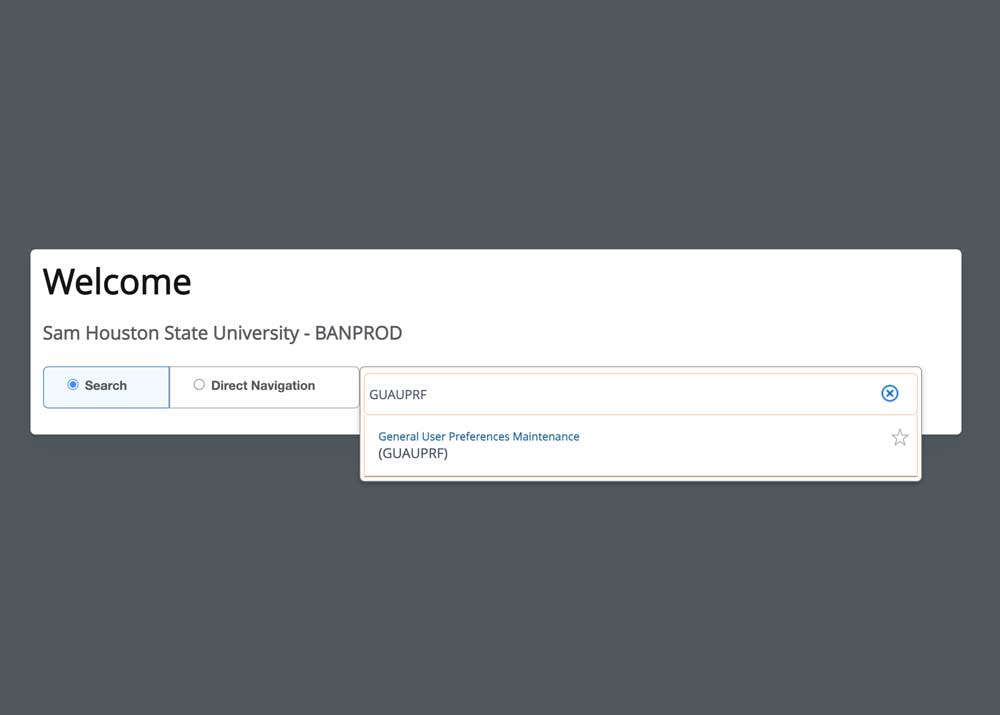 Banner menu search field populated with GUAUPRF and dropdown expanded with General User Preference Maintenance