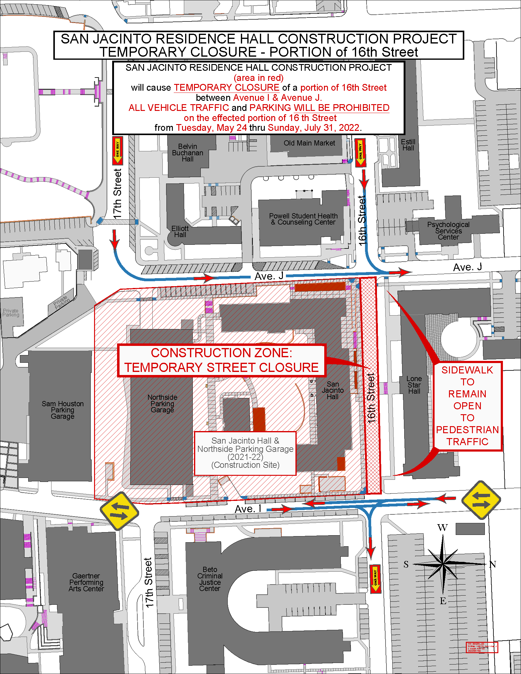 Temporary road closure: 16th St. between Ave I & Ave J. contruction map