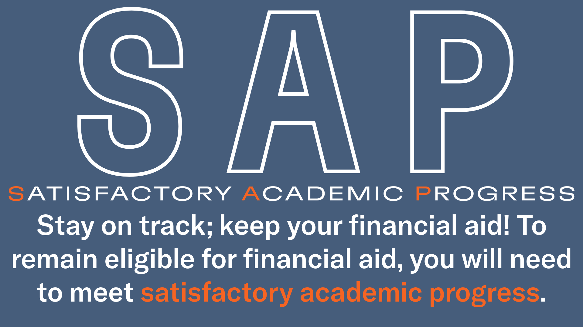 Satisfactory Academic Progress. Ensure your financial aid by completing 67% of your classes.