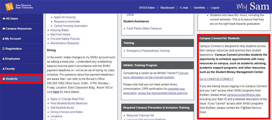 Campus Connection MySam Instructions