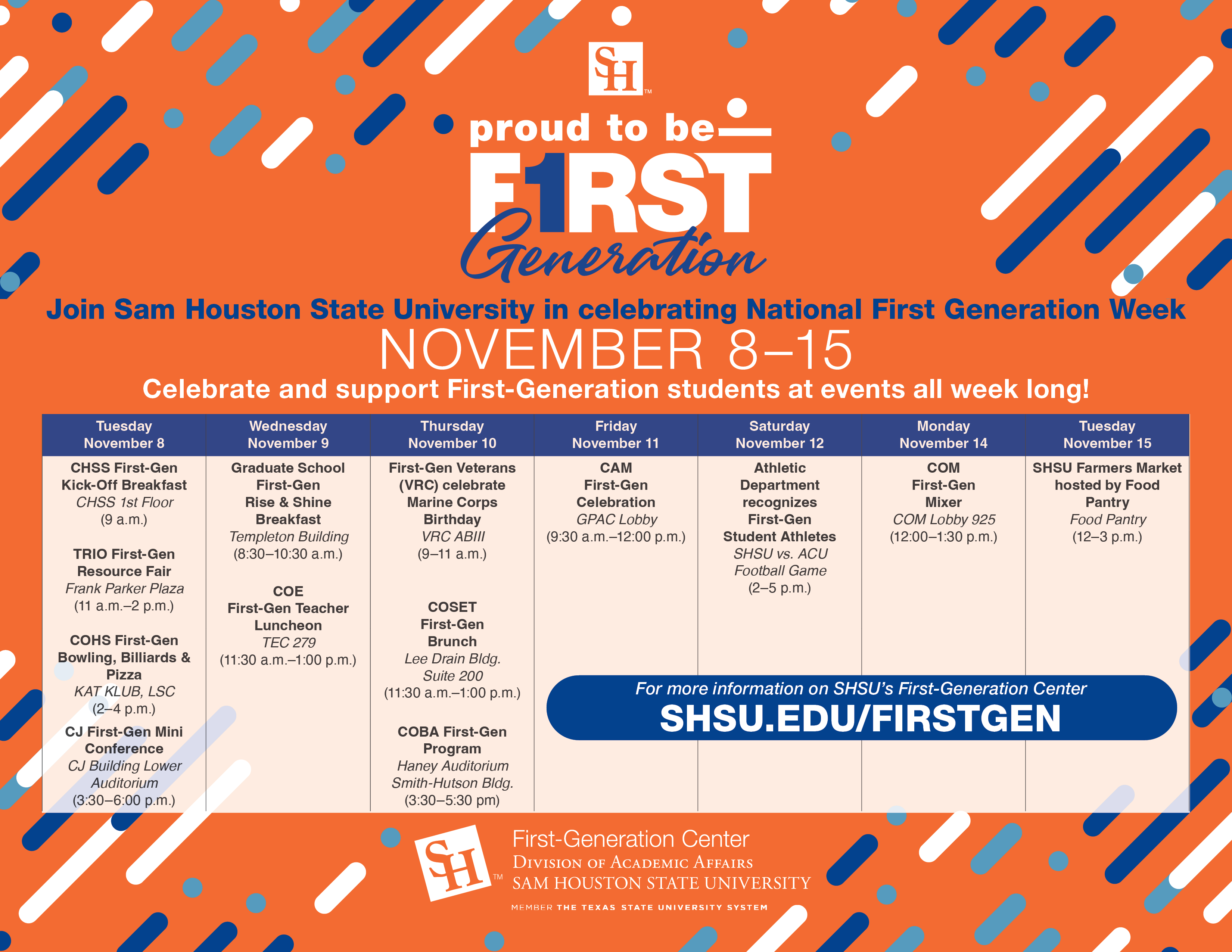FirstGeneration Weeklong event calendar
