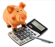 piggy bank, calculator, and pen