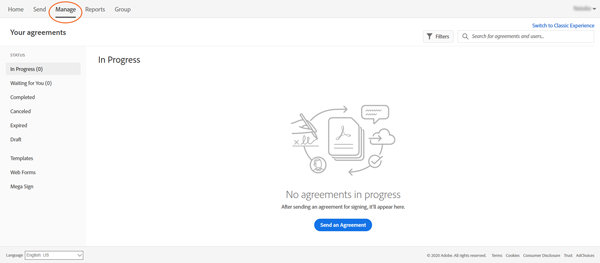 Adobe Sign Manage Page