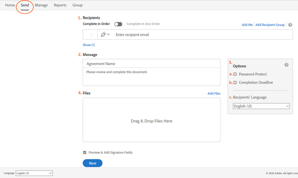 Adobe Sign Send Page