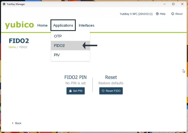 YubiKey Manager Apps Menu