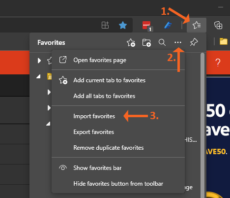 Edge Select Favorites and Import